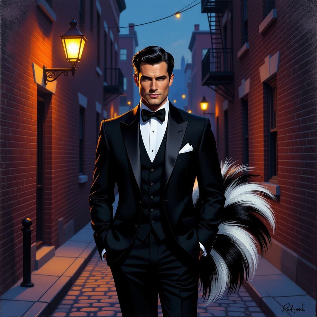 Suave Man with Skunk Fur Pattern in Moody Gouache Style