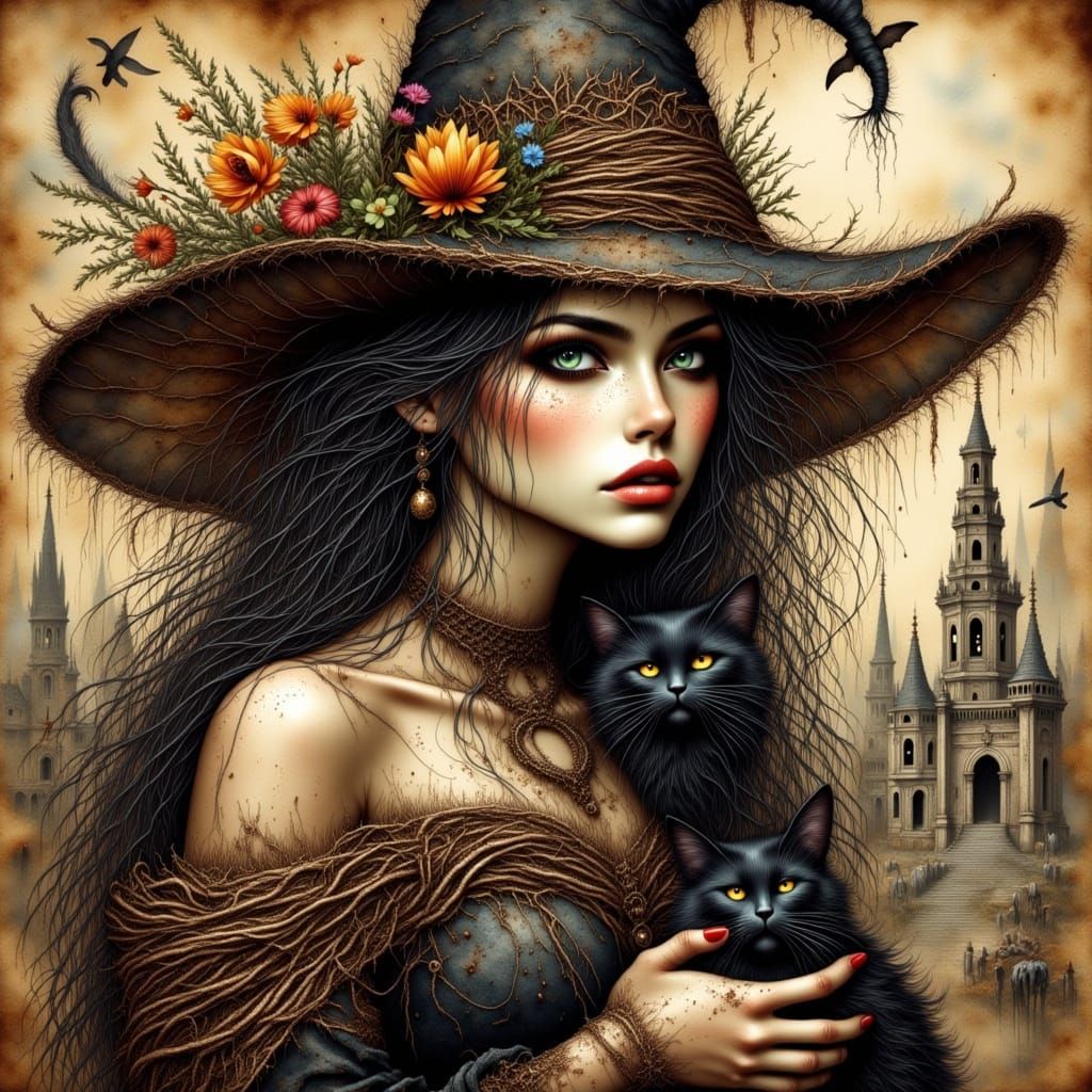 Witch Portrait With Black Cat on Parchment