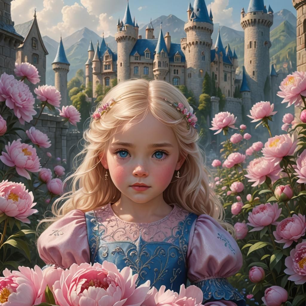 Pink Peonies and Tiny Girl in Ethereal Fantasy