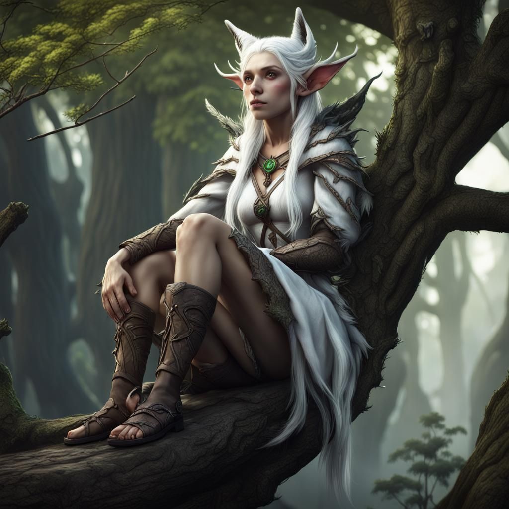 Elf with Wolf Ears on Branch: Fantasy Art