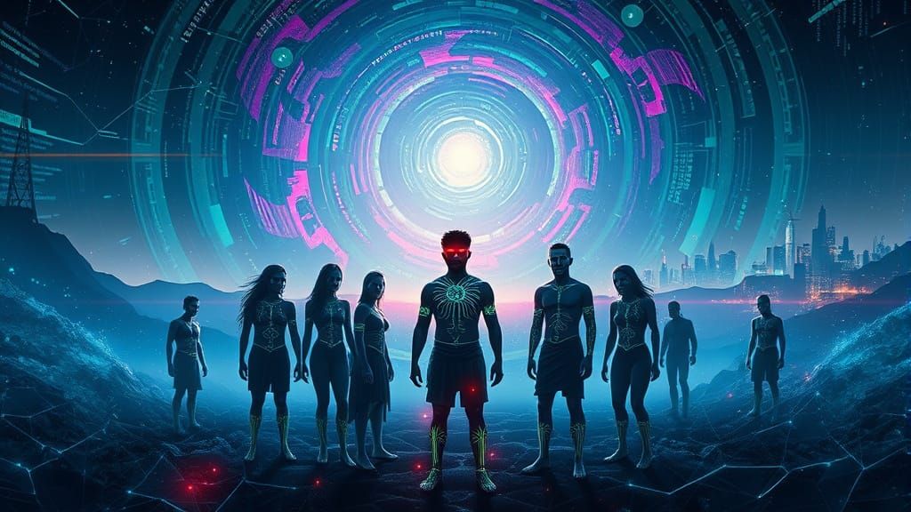 Surreal Cyberpunk Vision of Digital Shamans Unite for a Brig...