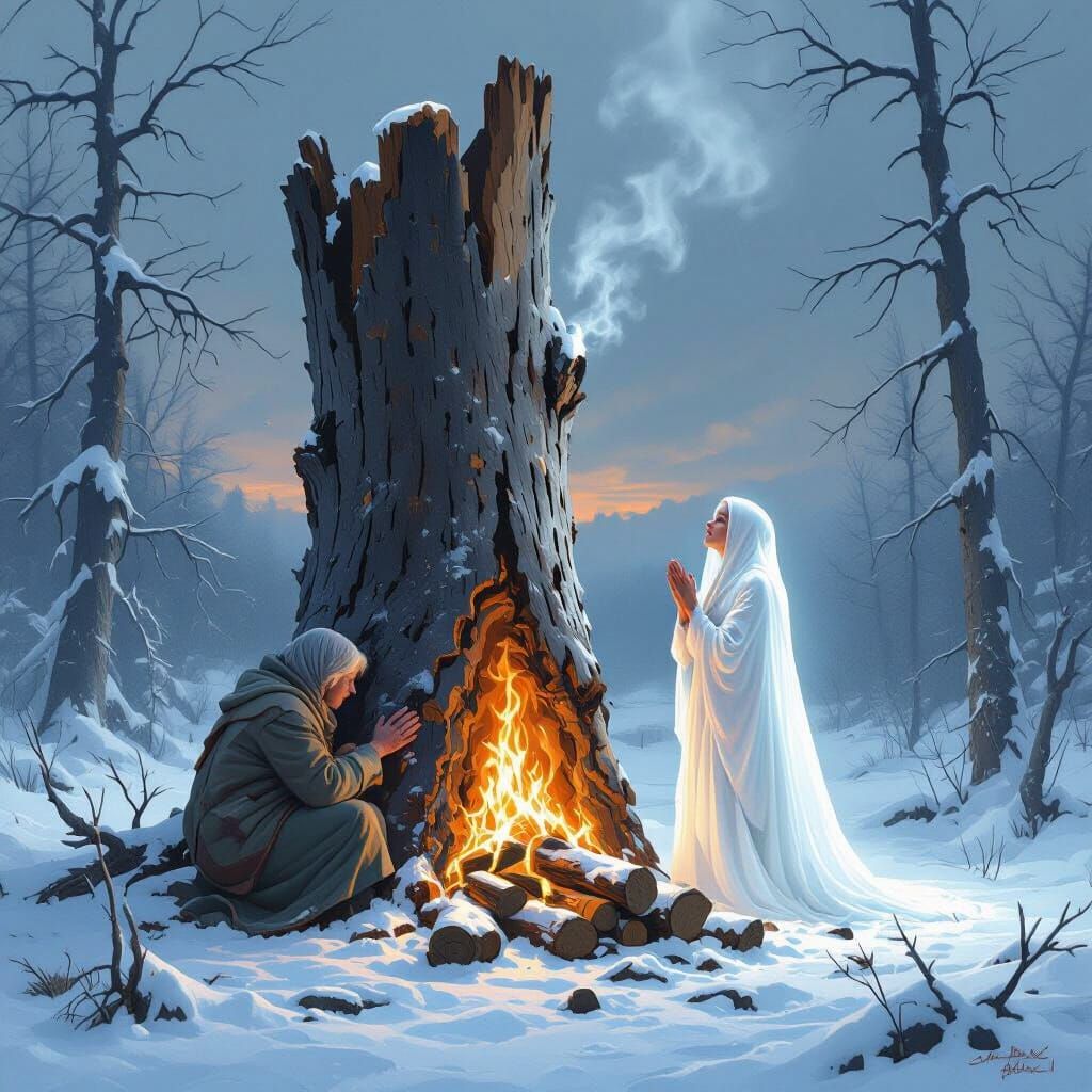 Winter Scene: Woman Prays by Smoking Log, Coral Girl Appears