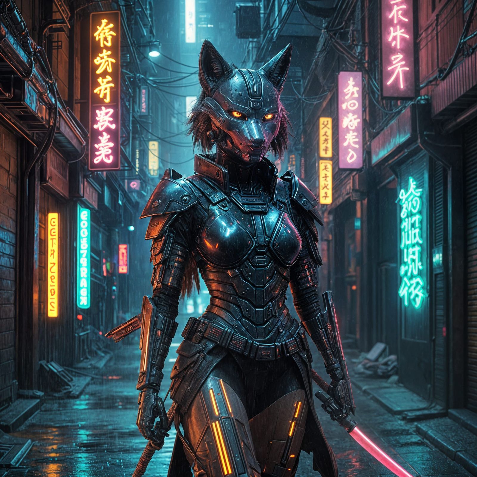 Cyborg Samurai Wolf Girl in Neon Alley