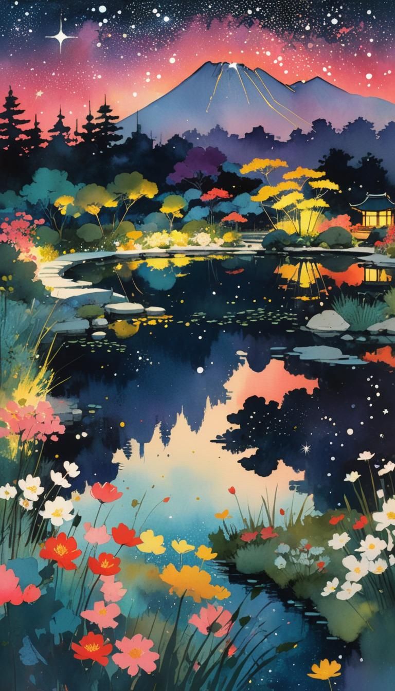 Japanese Garden Sunset in Gouache Style