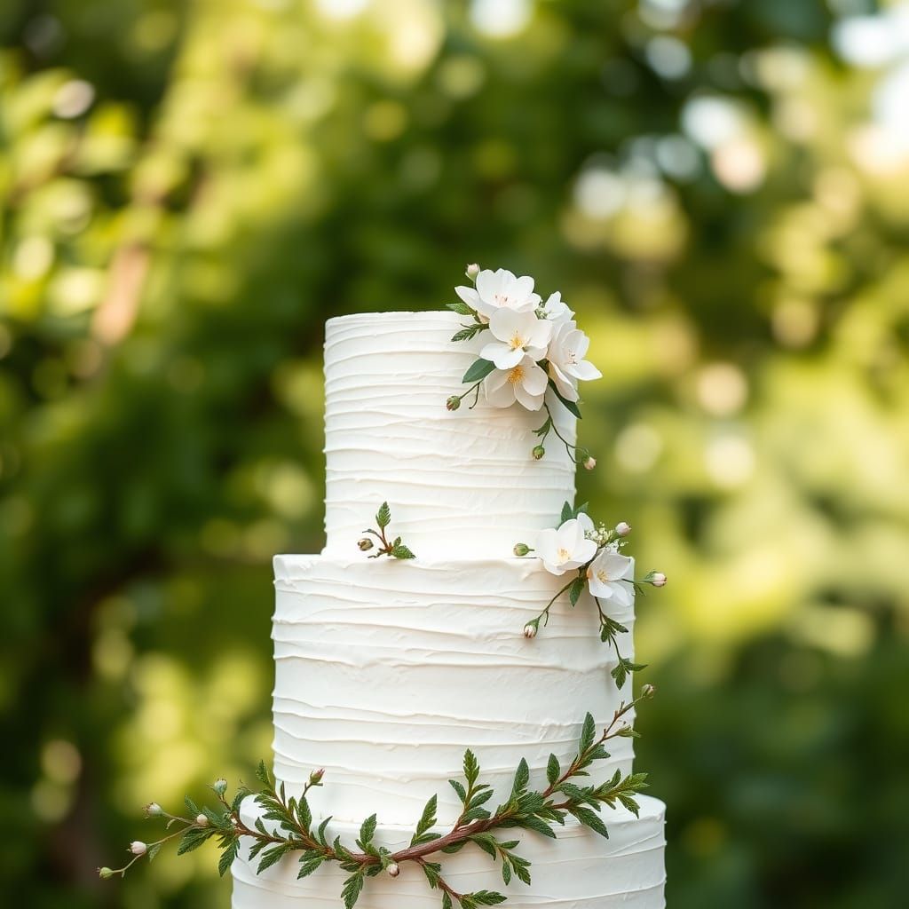 Elegant Two-Tiered Wedding Cake in a Serene Outdoor Setting