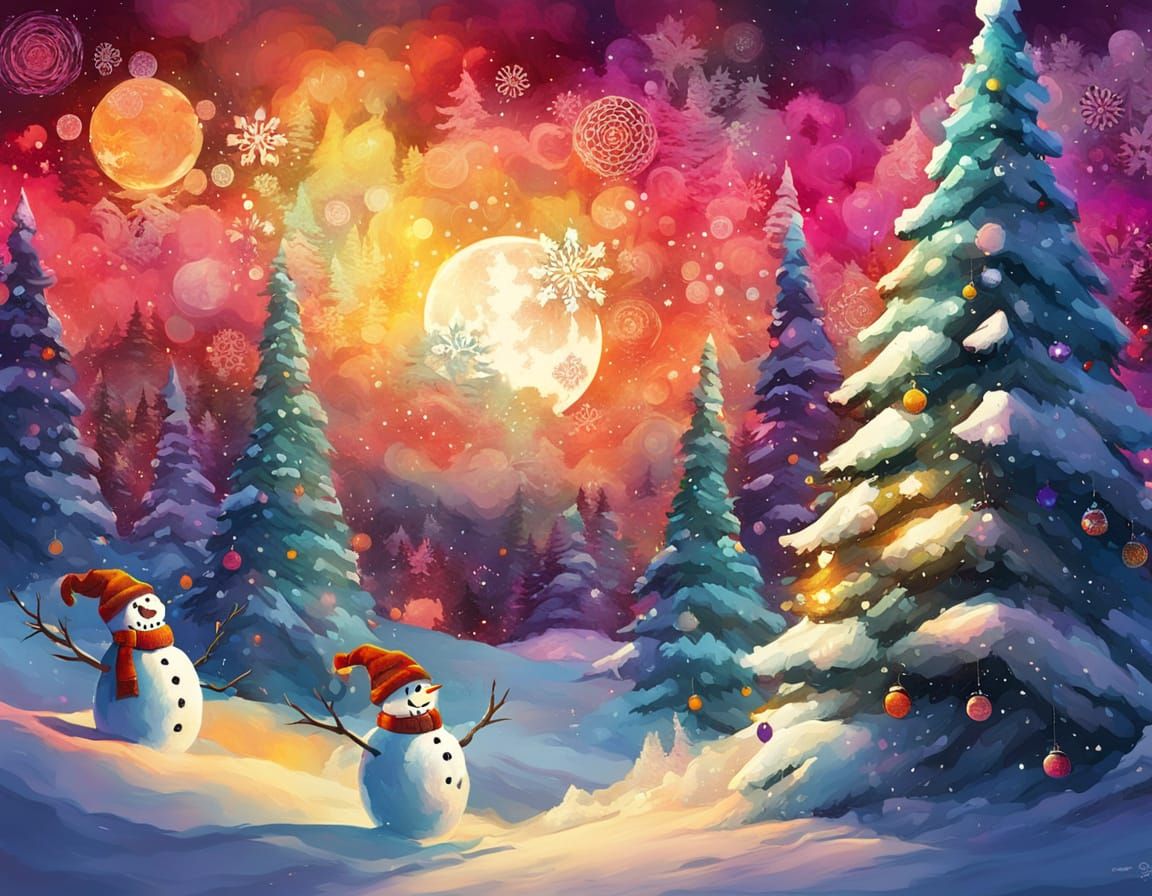 Epic Snowman and Christmas Trees at Sunset