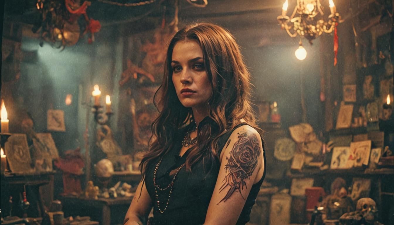 Priestess with Tattoos in Savage Cinematic Scene