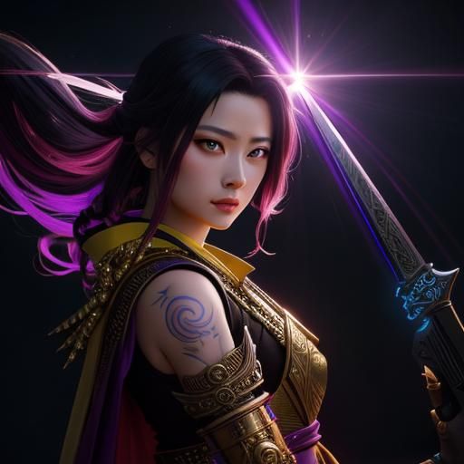 Fantasy Woman with Sword in Neon Glow