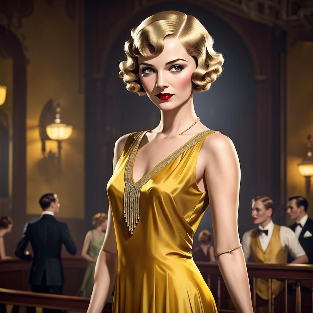 1920s Woman in Golden Flapper Dress