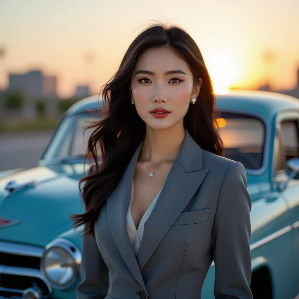 Confident Woman by Blue Car at Sunrise