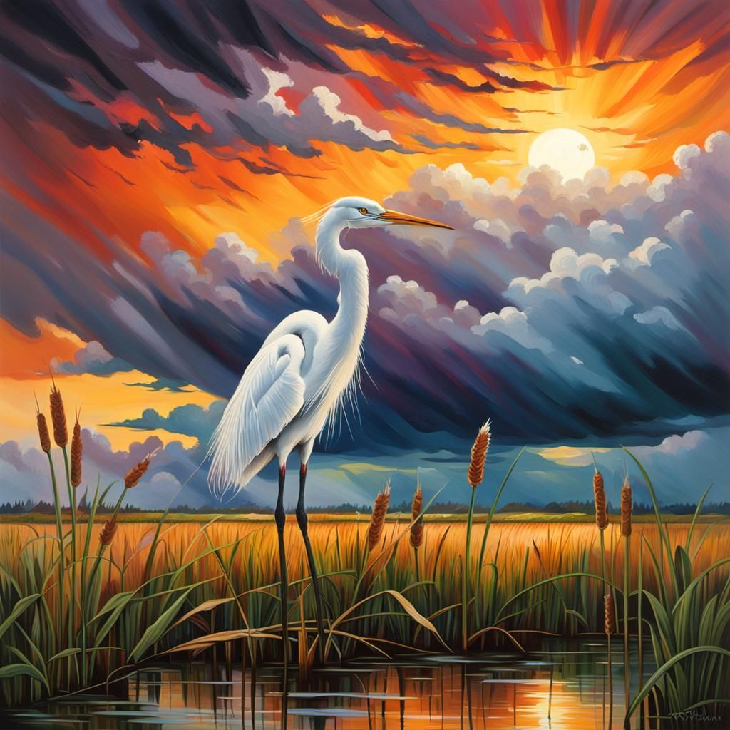 White Heron in Marsh at Sunset: Oil Painting