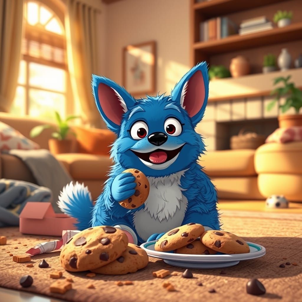 Blue Corgi Cookie Monster in Ghibli Style