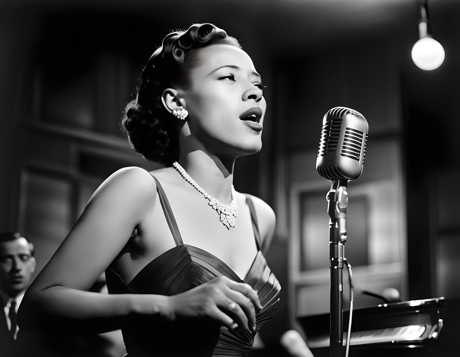 Jazz vocalist Billie Holiday singing in a microphone at the Downbeat Jazz club New York in 1947