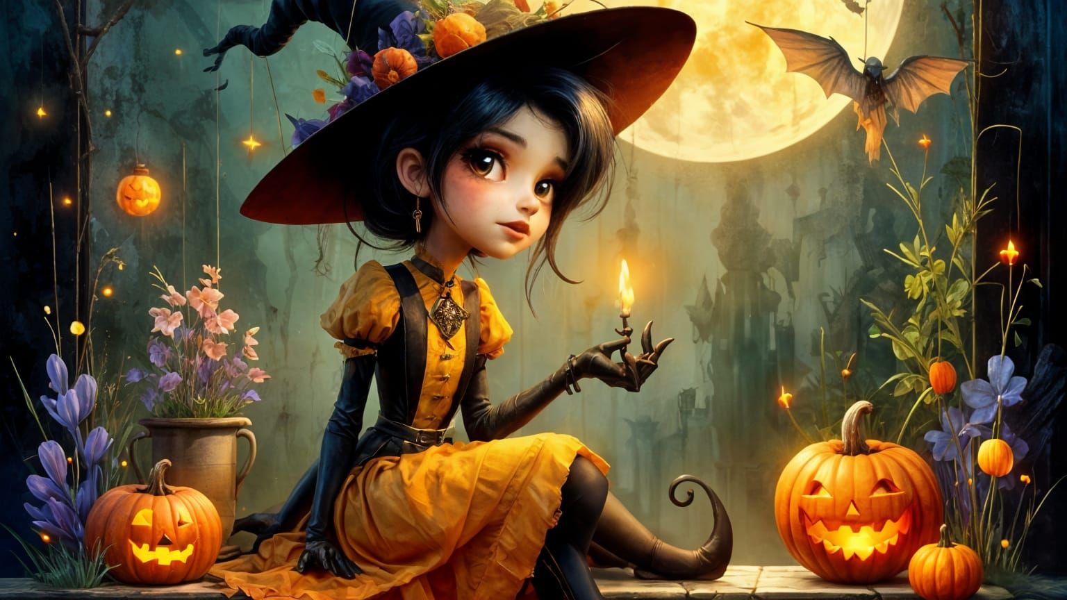 Whimsical Witch Holding Glowing Jack-o'-Lantern