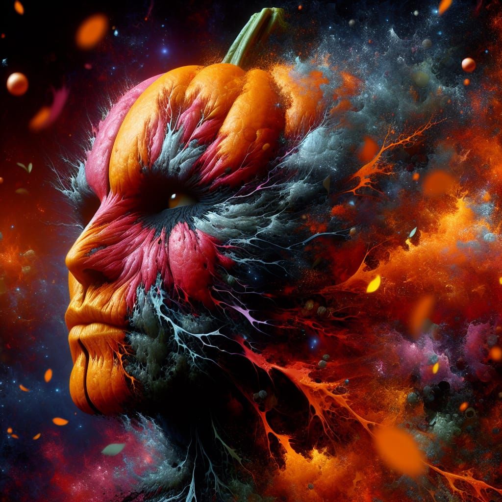 Surreal Pumpkin Entity Battles in Hyper-Realistic Artwork
