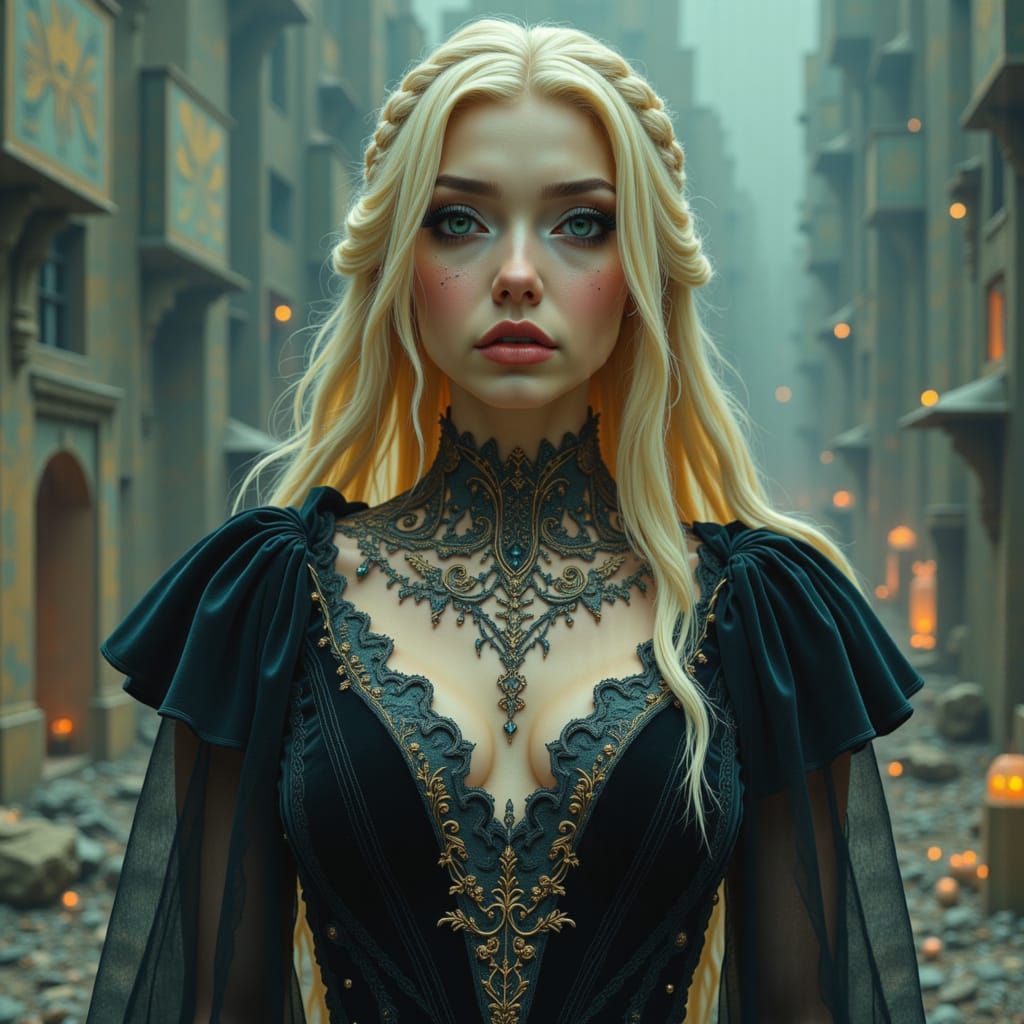 Gothic Art Nouveau Queen in Desolate Cityscape