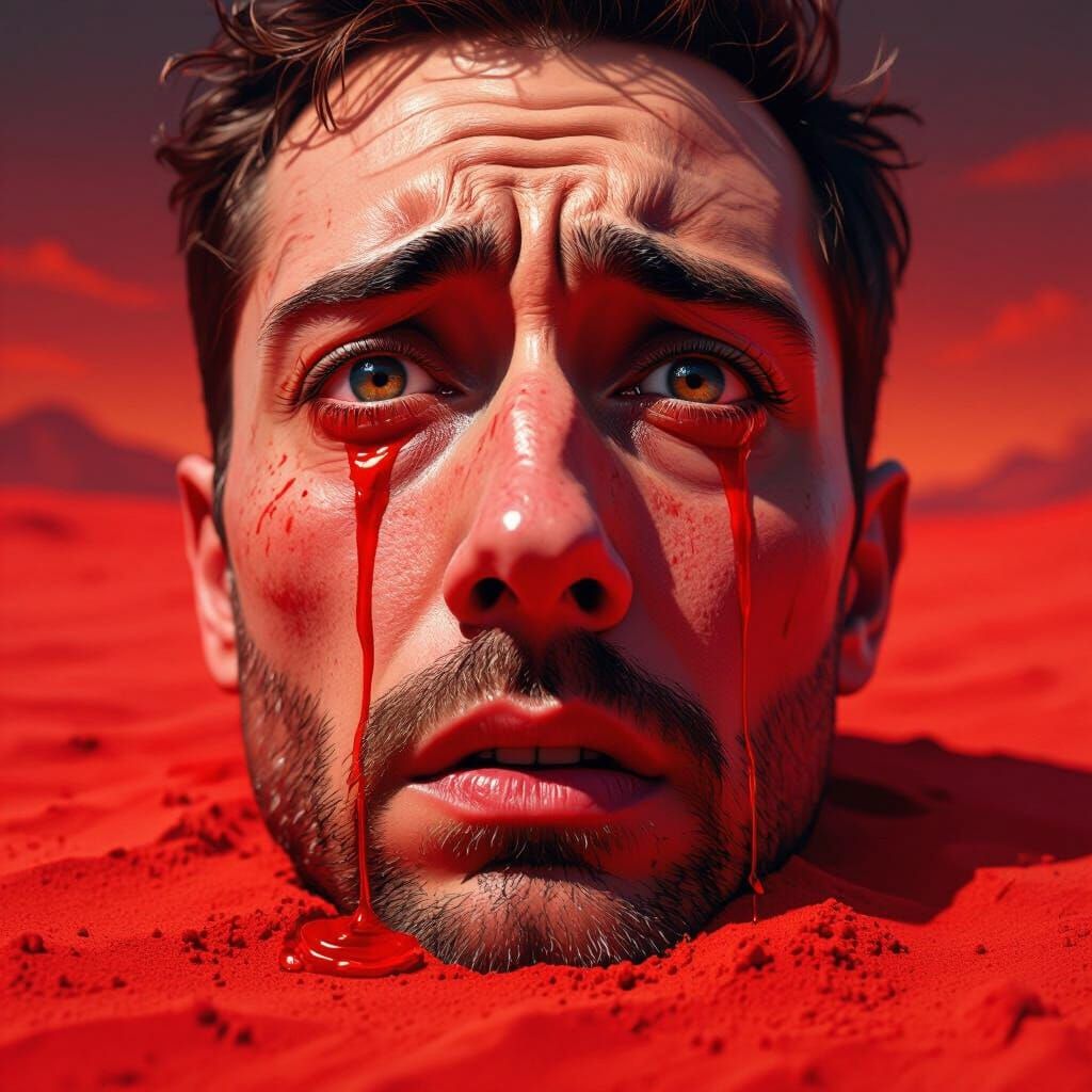 Mortified Face Crying Red Tears in Red Sand Landscape