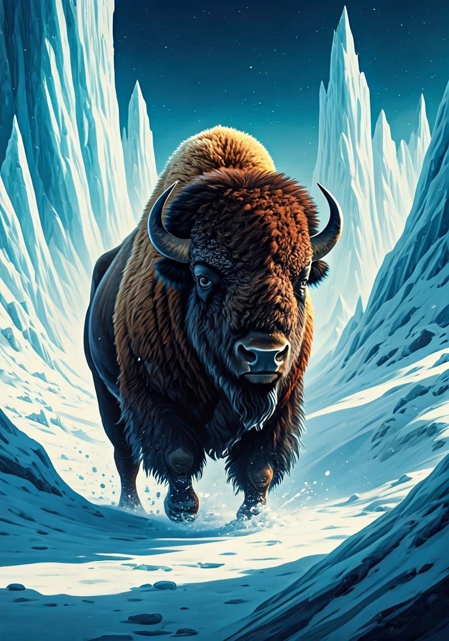 Bison Forging Through Frozen Wilderness in Sci-Fi Style
