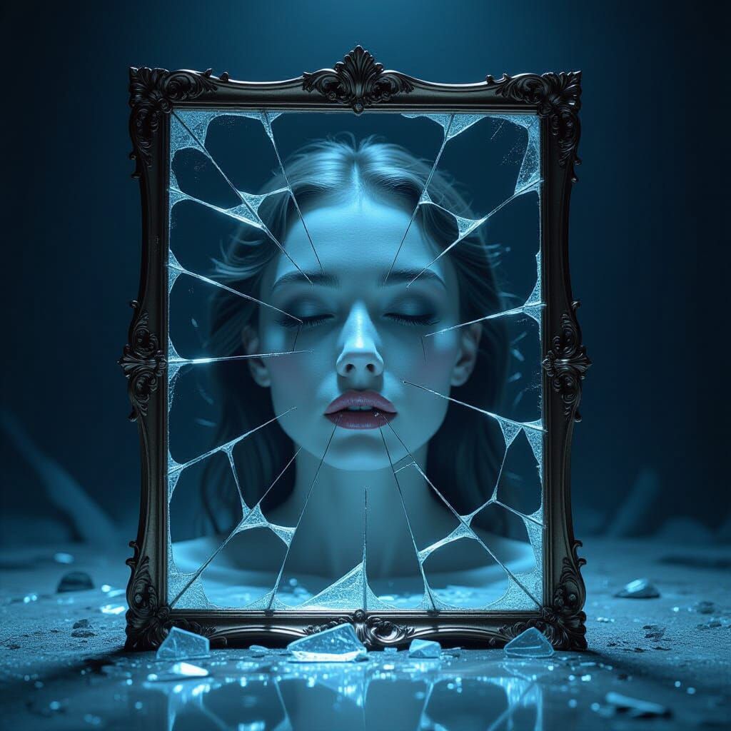 Shattered Mirror Reflecting Pale Face in Biomechanical Style