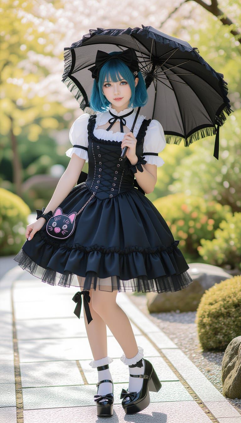 Gothic Lolita Fashion in Japanese Garden