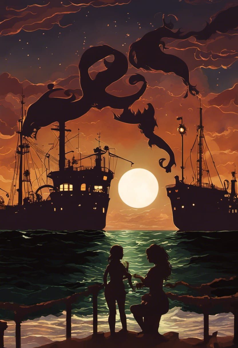 Oceanfront Sunset with Mermaids and Steampunk Engine