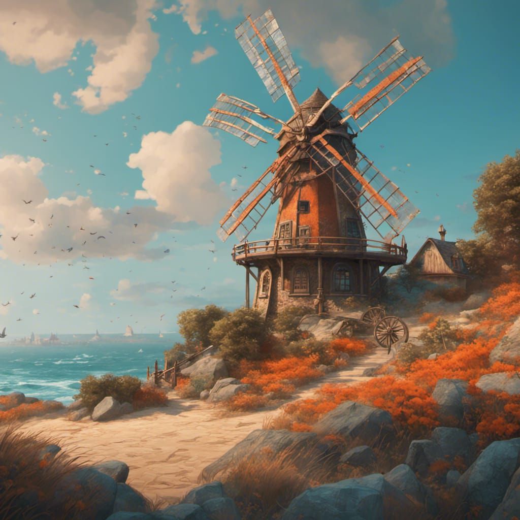 Seaside Windmill: Hyperdetailed Digital Art