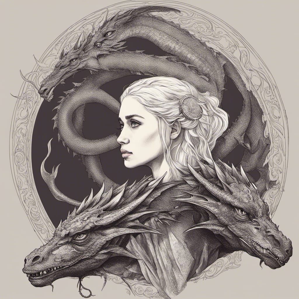 Daenerys Targaryen and Dragon in Engraving Style