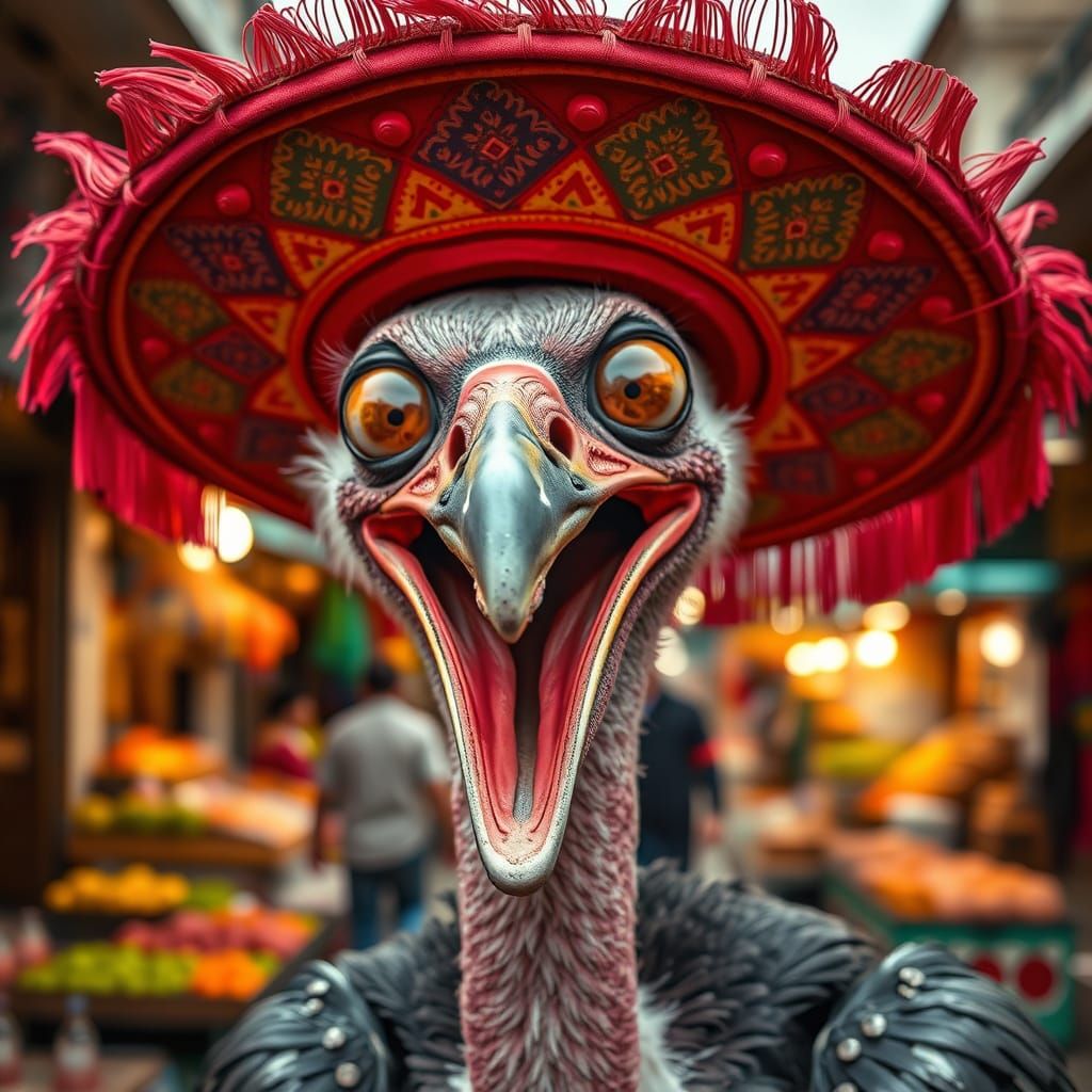 Humorous Vulture with Sombrero in Mexican Market