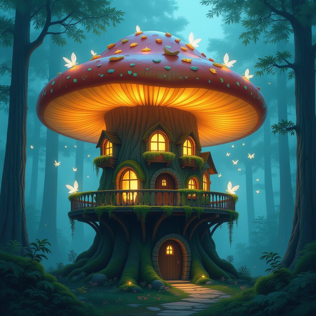 Ancient Treehouse on Bioluminescent Mushroom in Twilight For...
