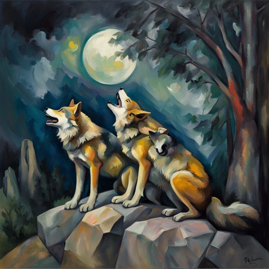Wolves Howling at Moon as Impressionist Painting