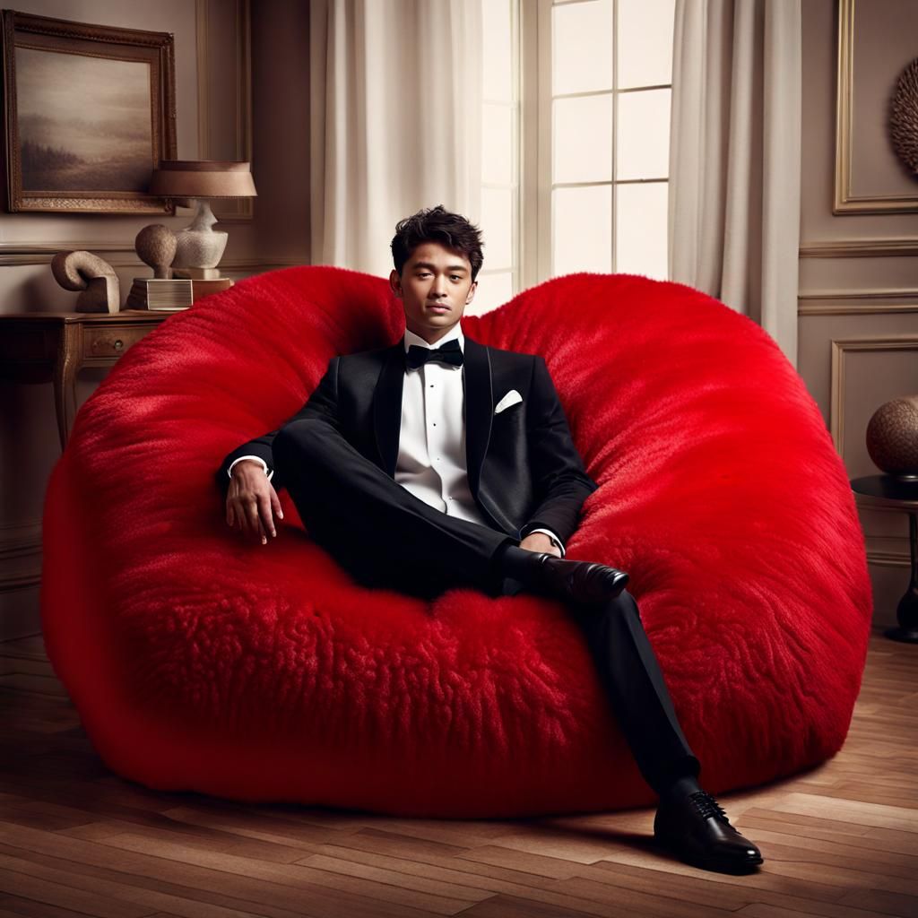 Man Relaxing in Heart Beanbag Chair