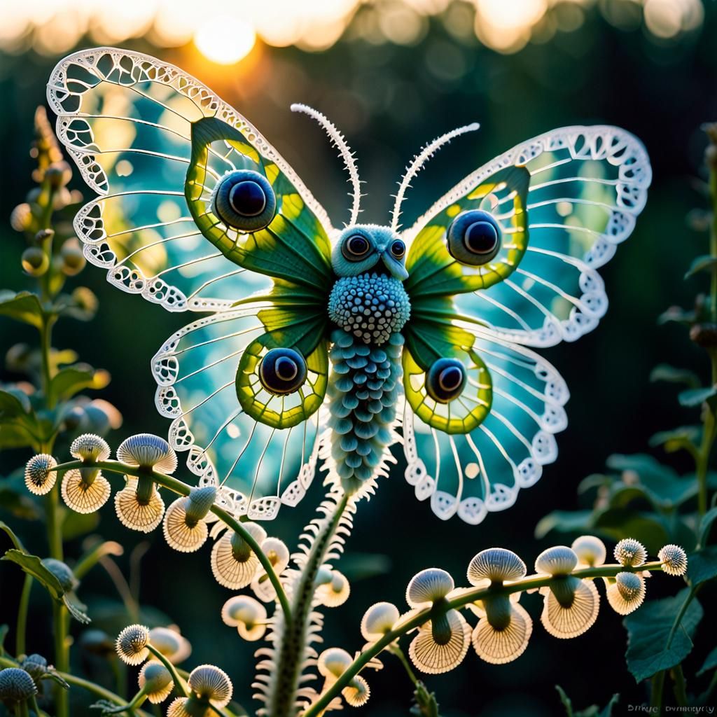 Bioluminescent Moth-Owl Hybrid in a Sunset Landscape