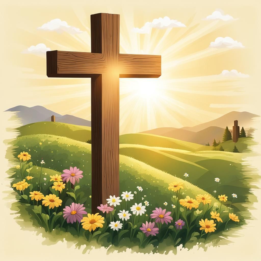 Sunlit Wooden Cross on Floral Hill