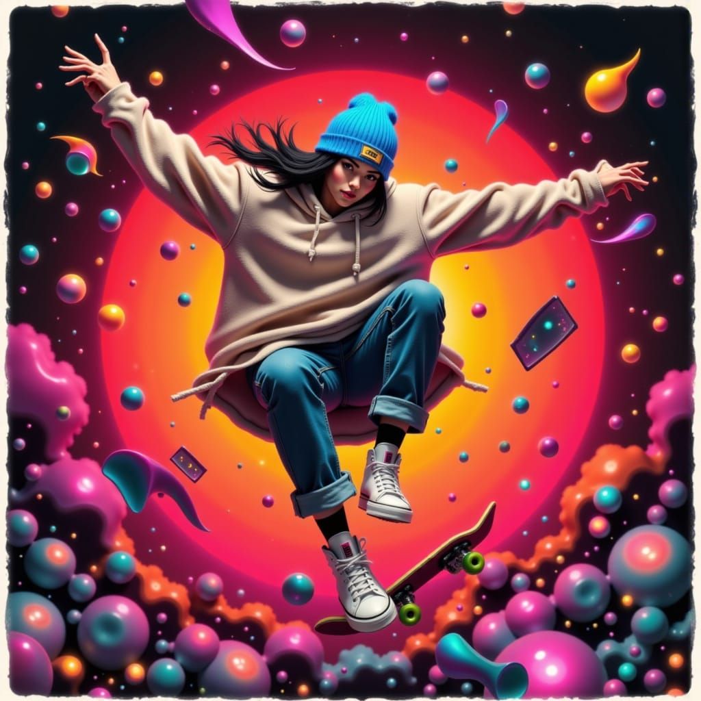 Skater in Mid-Air with Neon Checkered Backdrop