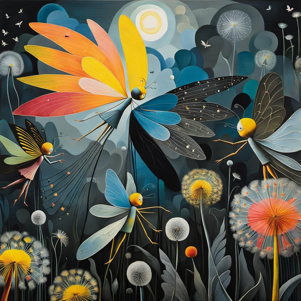 Winged Fairies in Dandelion Dreamscape, Surrealist Art