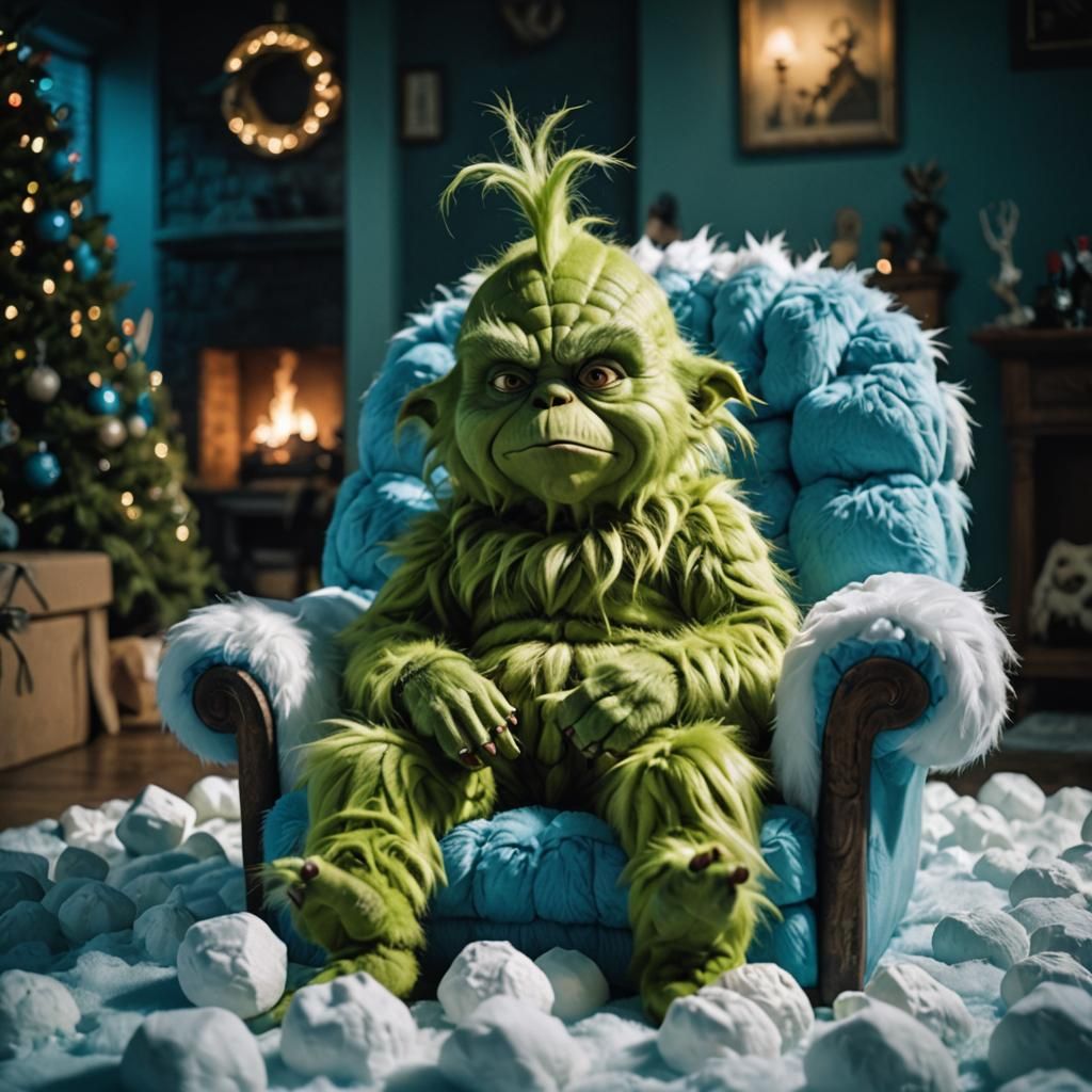 baby grinch in blue,fat fluffy marshmallow chair,