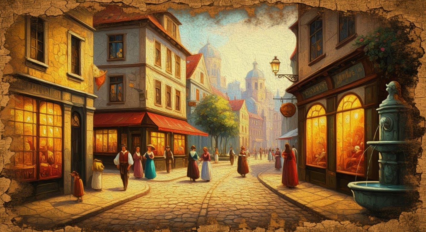 Renaissance Village Scene with Quaint Shops and Cafes