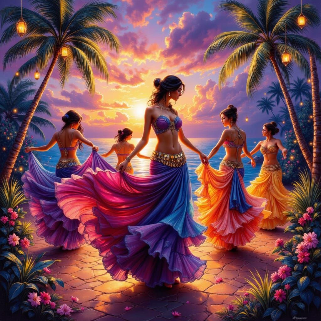 Belly Dancers in Tropical Paradise at Twilight Oil Painting