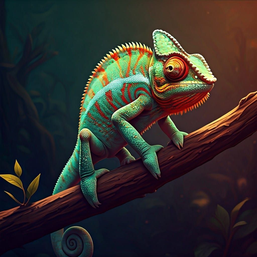 Vibrant Cartoon Chameleon in Seamless Fantasy Environment