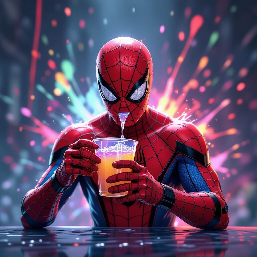 Spider-Man Drinks Spider Web Fluid in Dramatic Splash Art