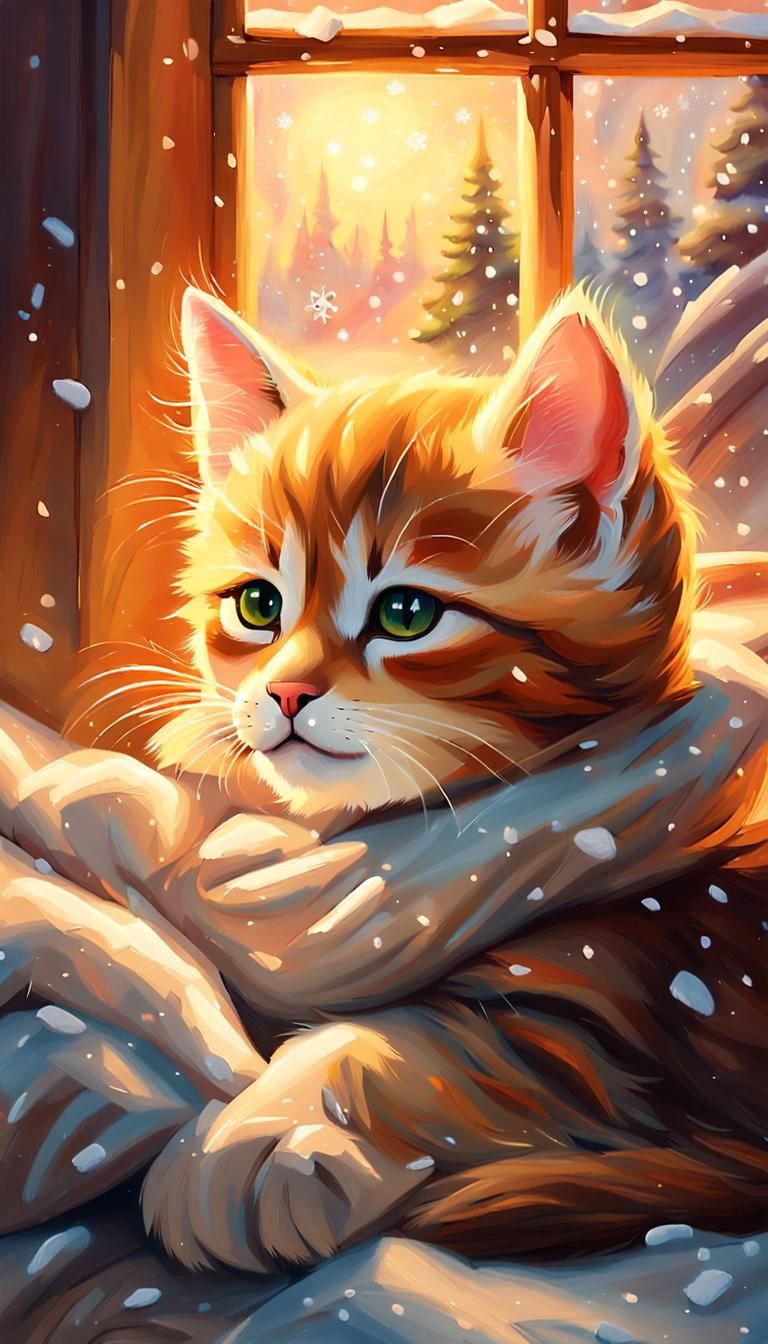 Kitten Nap by Fireplace: Oil Painting in Renoir Style