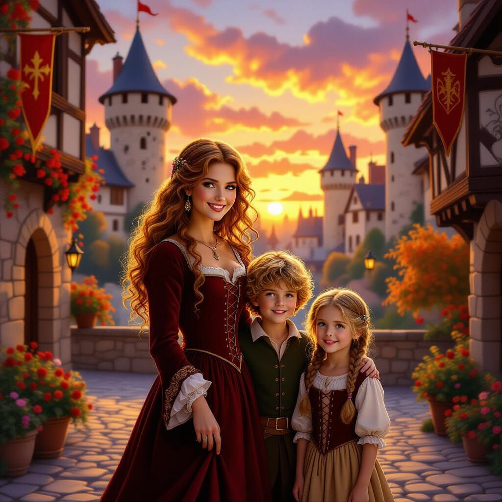 Medieval Castle Courtyard at Sunset with Noble Family