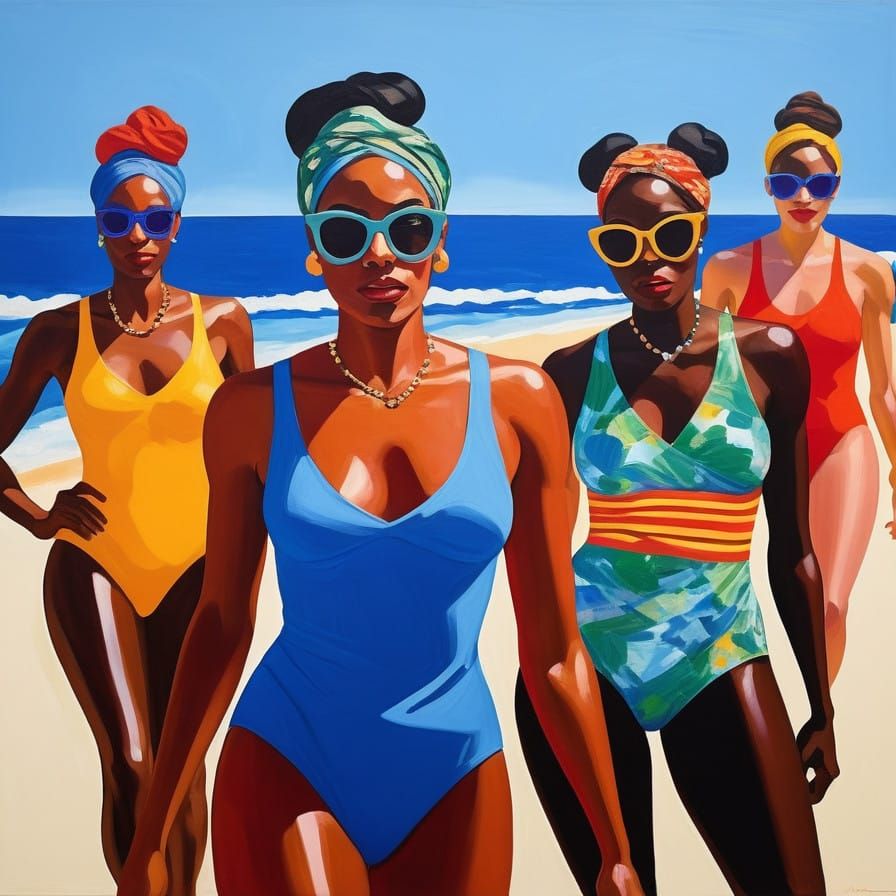 Joyful Girls-Only Beach Scene in Vibrant Impressionist Style