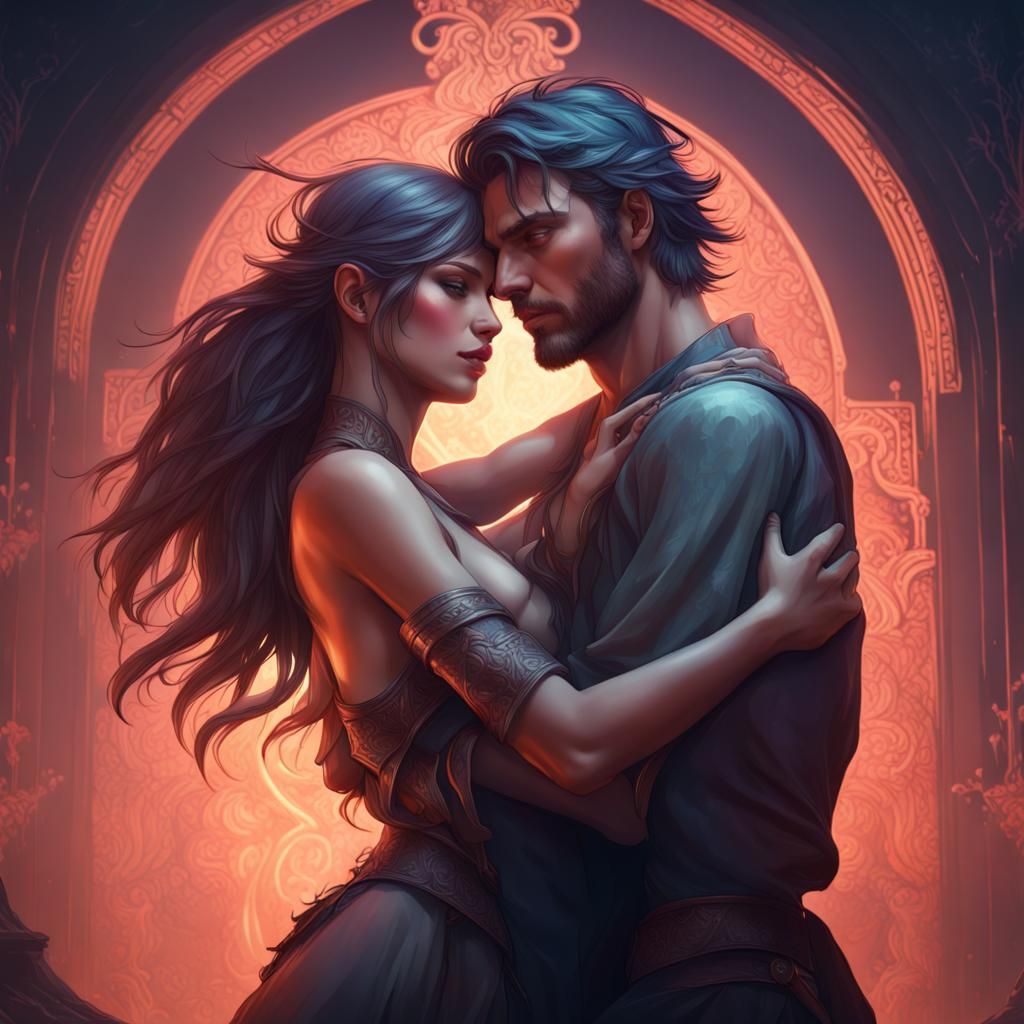 Sensual Couple Embrace in Dark Fantasy Setting
