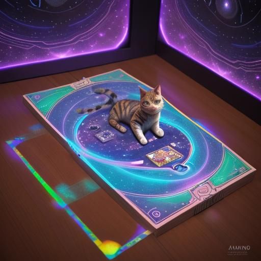 Cat Plays Board Game: Astral Cosmic Illustration