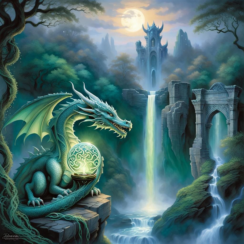 Mystical Dragon and Glowing Orb Waterfall Scene