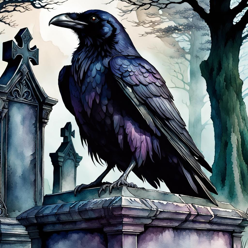 Epic Raven in Graveyard, Watercolour Art