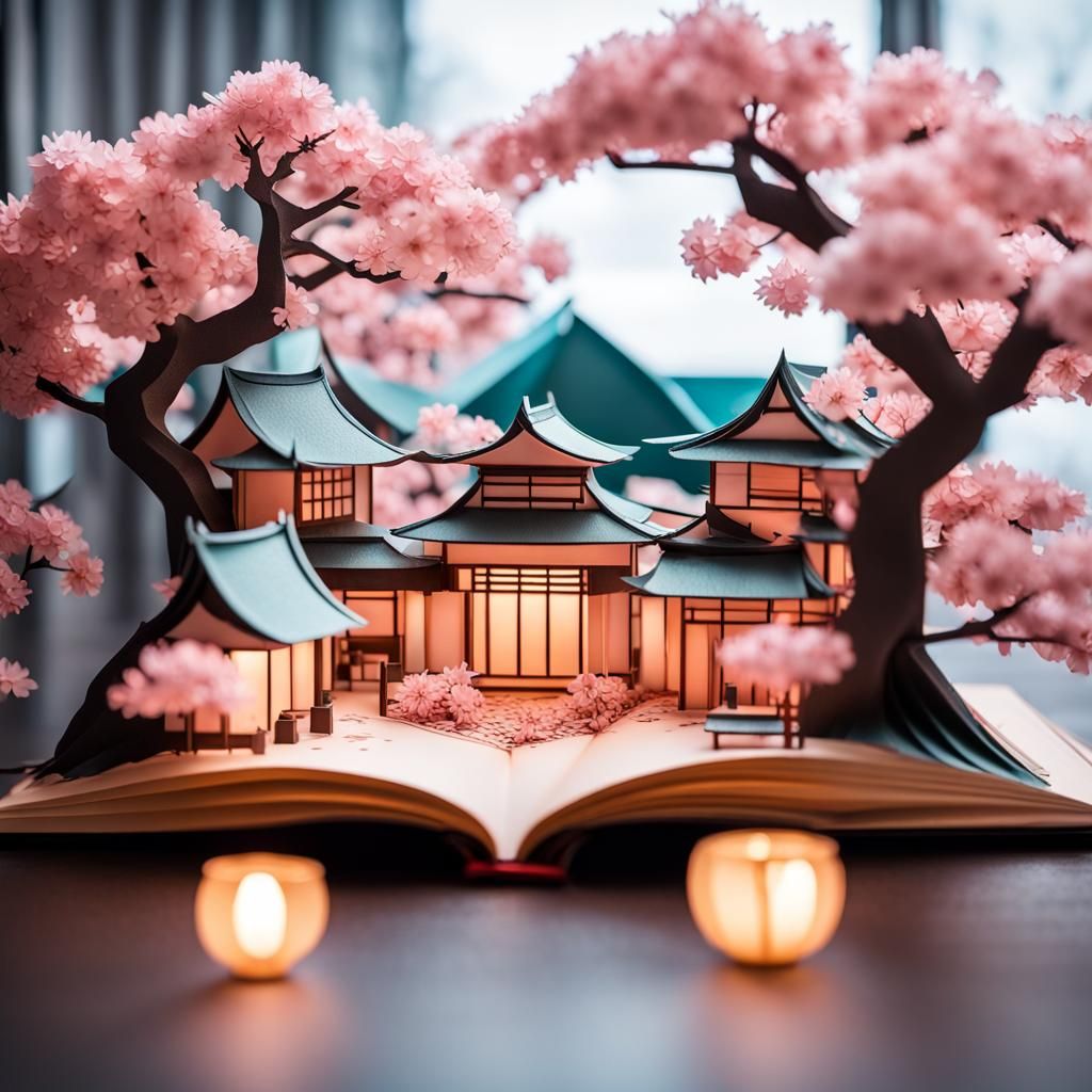 Japanese Village in Sakura Bloom: 3D Paper Art