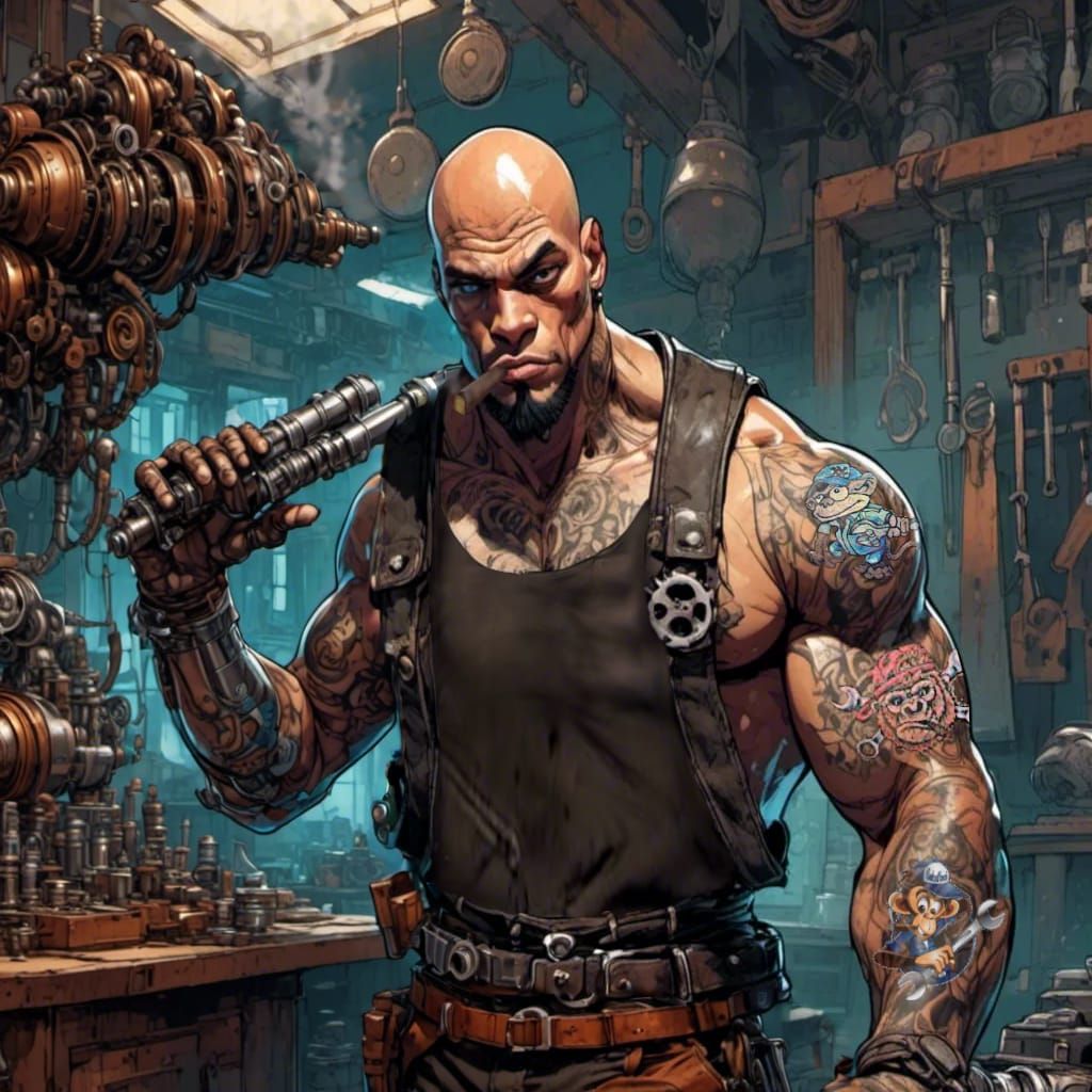 Cyborg Mechanic in Steampunk Biopunk Style