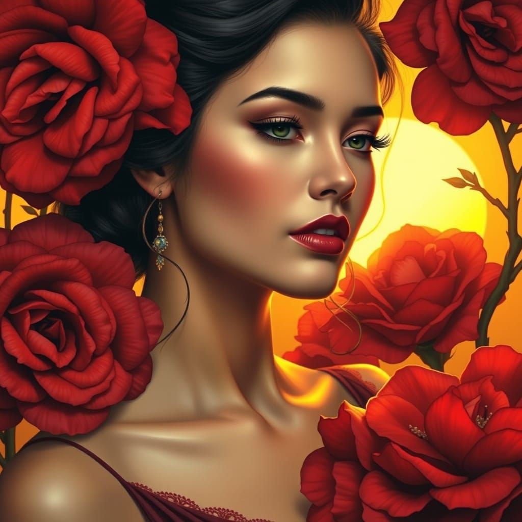 Beautiful Woman Surrounded by Flowers in Art Nouveau Style